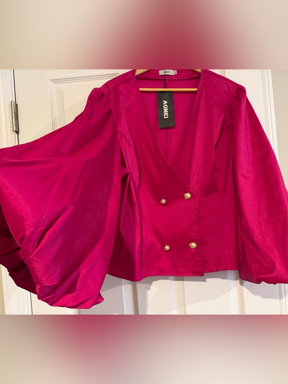 Fuchsia Puff Sleeve Double-Breasted Blouse